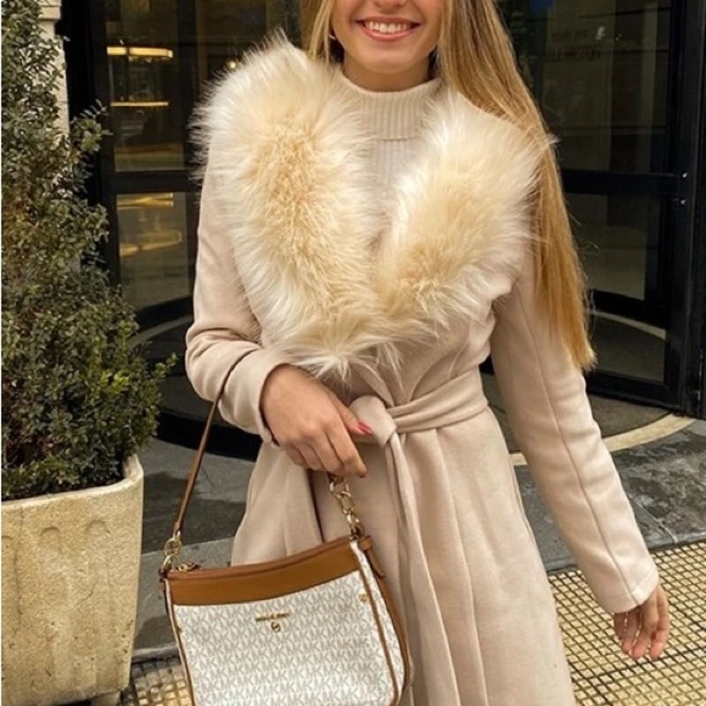Women mauve pink faux suede fur trim women jacket trench coat warm belted wrap